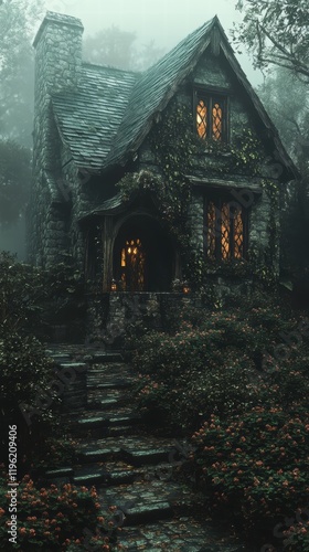 Dark witch's cottage in the woods, with crooked windows, ivy creeping up the walls, and a misty atmosphere surrounding the house. photo