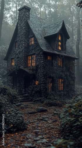 Dark witch's cottage in the woods, with crooked windows, ivy creeping up the walls, and a misty atmosphere surrounding the house. photo