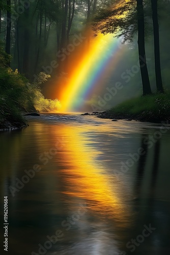 Rainbow over misty forest river.