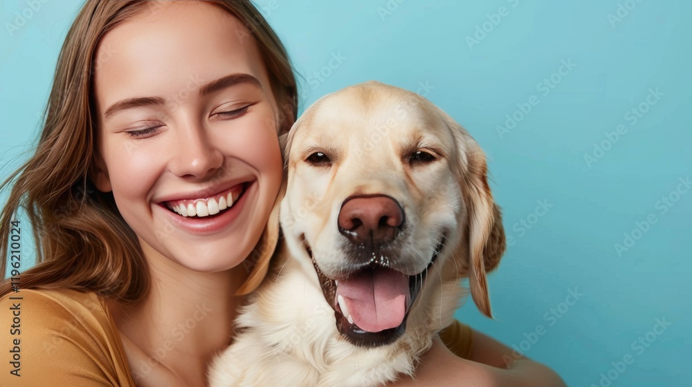 Young smiling happy cheerful owner woman with her best friend retriever wear casual clothes cuddle hug dog close eyes isolated on plain pastel light blue background studio. Take care about pet concept Young smiling happy cheerful owner woman with her best friend retriever wear casual clothes cuddle hug dog close eyes isolated on plain pastel light blue background studio. Take care about pet concept