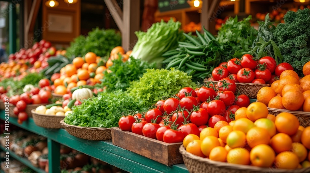 A vibrant fresh produce stand brimming with colorful fruits and vegetables, arranged neatly to attract customers. A vibrant fresh produce stand brimming with colorful fruits and vegetables, arranged neatly to attract customers.