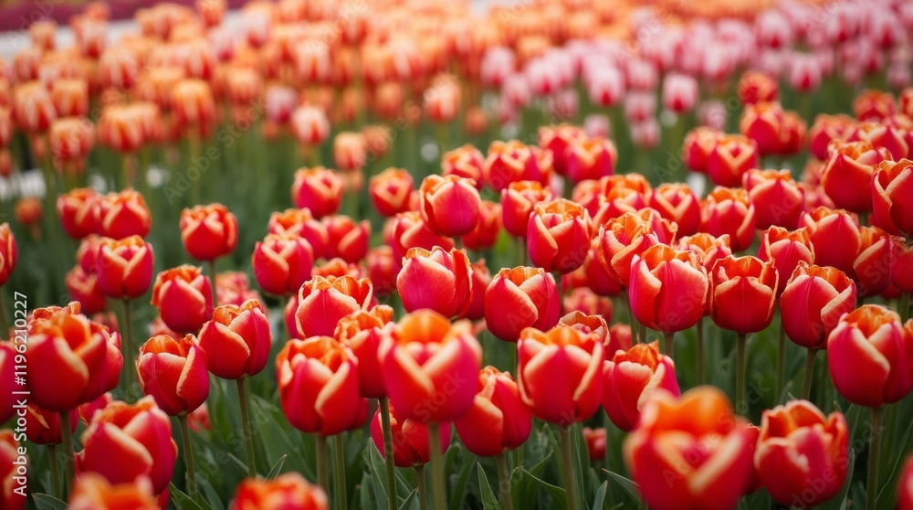 A vibrant tulip field in full bloom, showcasing a stunning array of colors and patterns, creating a picturesque landscape that celebrates the beauty of spring A vibrant tulip field in full bloom, showcasing a stunning array of colors and patterns, creating a picturesque landscape that celebrates the beauty of spring