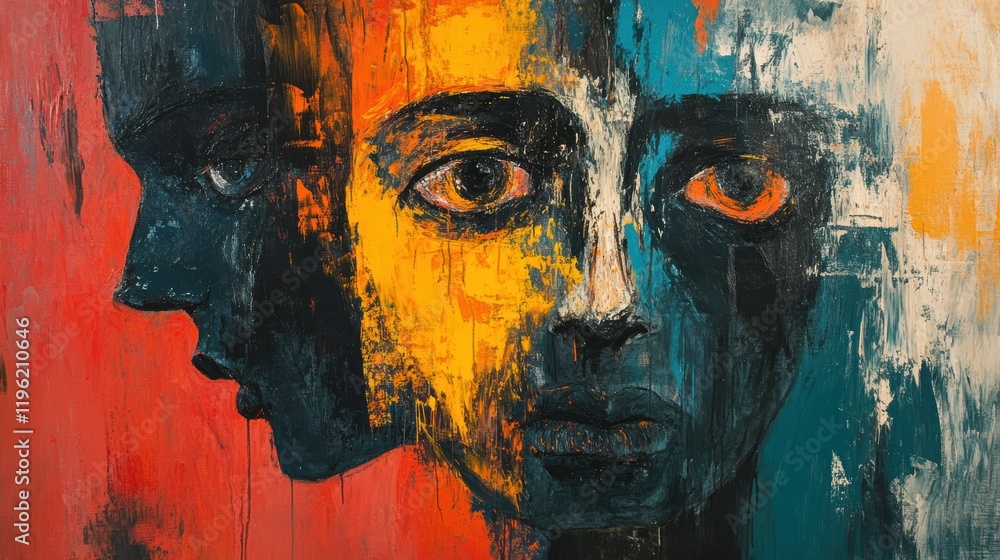 Expressionist painting with exaggerated features and intense brushstrokes, conveying strong emotions and inner turmoil. Expressionist painting with exaggerated features and intense brushstrokes, conveying strong emotions and inner turmoil.