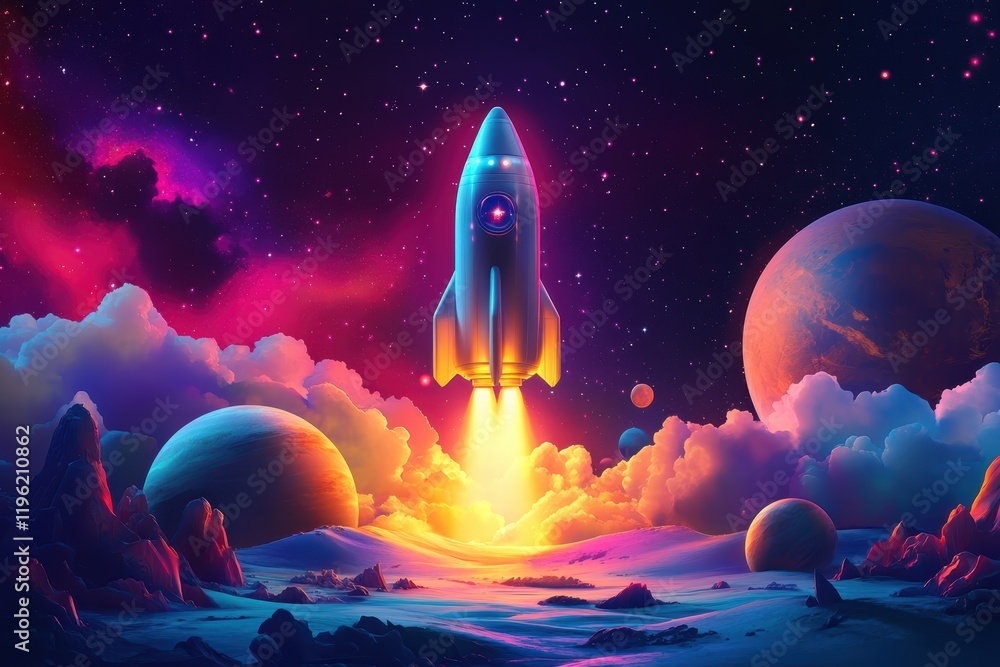 Naklejka premium Futuristic digital art with spaceships, planets, and glowing stars, capturing the essence of space exploration.