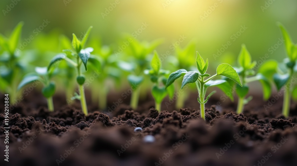 Close-up of vibrant tomato seedlings sprouting in rich, dark soil. Close-up of vibrant tomato seedlings sprouting in rich, dark soil.