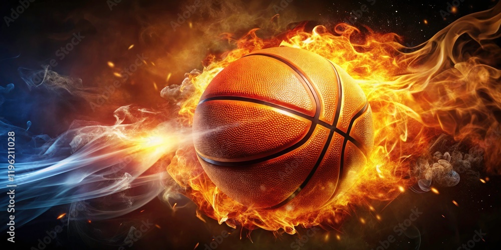 Fototapeta premium Flaming Basketball Banner Graphic Design, Fiery Ball, Burning Sports, Inferno Basketball Image