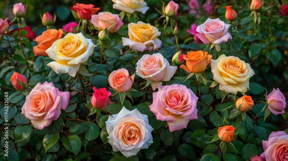 A lush rose bush in full bloom, showcasing an array of vibrant roses in various colors, creating a beautiful and fragrant garden scene perfect for floral enthusiasts. A lush rose bush in full bloom, showcasing an array of vibrant roses in various colors, creating a beautiful and fragrant garden scene perfect for floral enthusiasts.