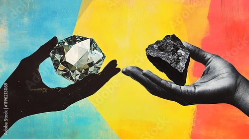 Wallpaper Mural Modern art collage featuring two hands in a minimalist or pop-art style. One hand is holding a sparkling diamond, while the other hand is holding a piece of coal. Incorporate layered paper textures,  Torontodigital.ca