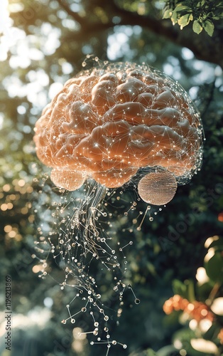 Realistic human brain infused with glowing AI circuits and neural patterns, blending organic structure and technology in an eco-friendly medical setting. photo