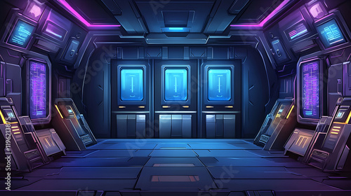 Fototapeta Naklejka Na Ścianę i Meble -  Futuristic Sci-Fi Corridor with Neon Lights, hallway, purple, blue, technology, digital