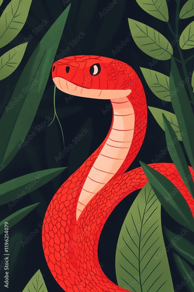 Fototapeta premium Red snake in lush tropical foliage
