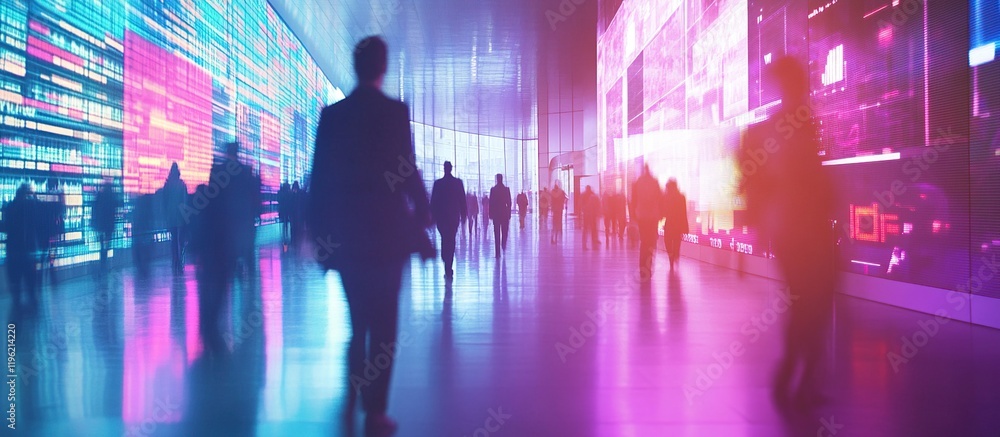 Data Streams Flow Through Modern Cityscape: Urban Professionals Navigate Digital Walls in Futuristic Setting Data Streams Flow Through Modern Cityscape: Urban Professionals Navigate Digital Walls in Futuristic Setting