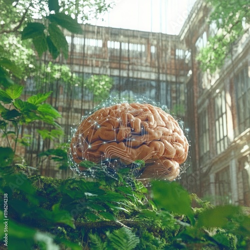 Realistic human brain infused with glowing AI circuits and neural patterns, blending organic structure and technology in an eco-friendly medical setting. photo