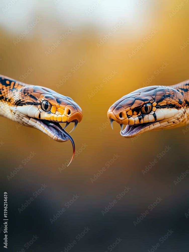 Obraz premium Two snakes facing each other, close-up.