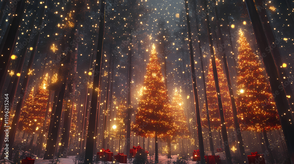 Fototapeta premium Lluminated christmas trees with red and golden garlands into a forest with snowy flakes with shape of stars close to xmas gifts in red boxes , generative ai illustration. Blazetide. Illustration