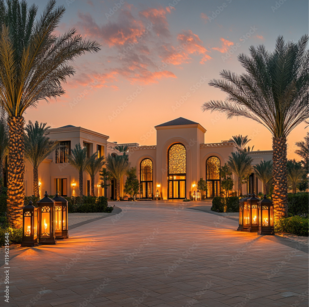 Obraz premium Precise architectural photography showcasing a modern arabesque villa. browns and beiges. Diffused shadows and subtle illumination، surrounding date palm trees
