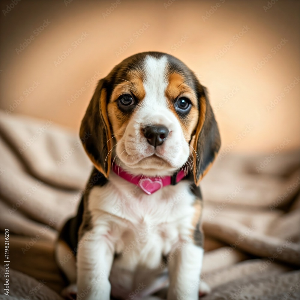 Beagle Puppy with Heart-Shaped Collar: Close-Up Portrait Beagle Puppy with Heart-Shaped Collar: Close-Up Portrait