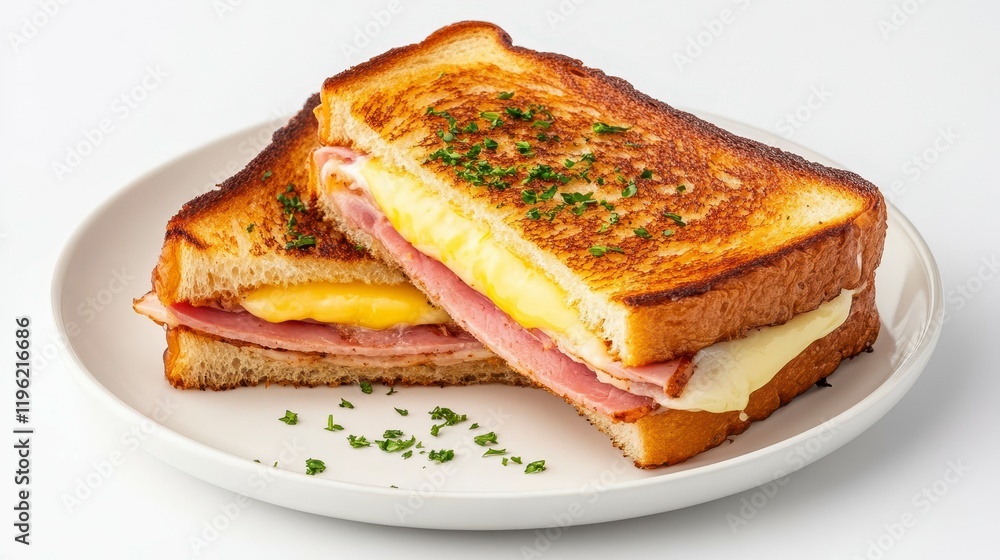 Delicious grilled cheese sandwich with ham and melted cheese on a white plate, garnished with herbs Delicious grilled cheese sandwich with ham and melted cheese on a white plate, garnished with herbs