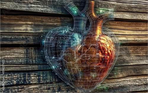 Realistic human heart fused with glowing AI circuits and neural patterns, blending organic form with futuristic tech in an eco-friendly medical setting. photo