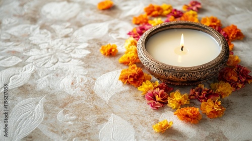 Diwali theme background of Indian flowers with a candle on an ornate bowl