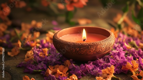 Diwali theme background of Indian flowers with a candle on an ornate bowl