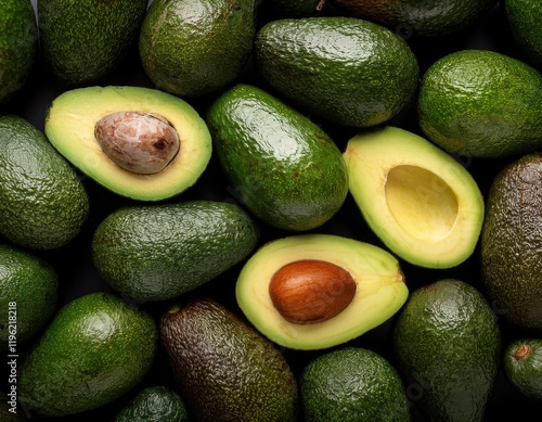 Green ripe avocado top close up view. Texture vegan healthy food background. Diet organic vegetable poster photo