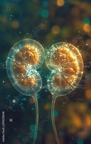 Artistic depiction of human kidneys glowing with AI-inspired neural patterns, blending biology, technology and sustainable healthcare innovation. photo