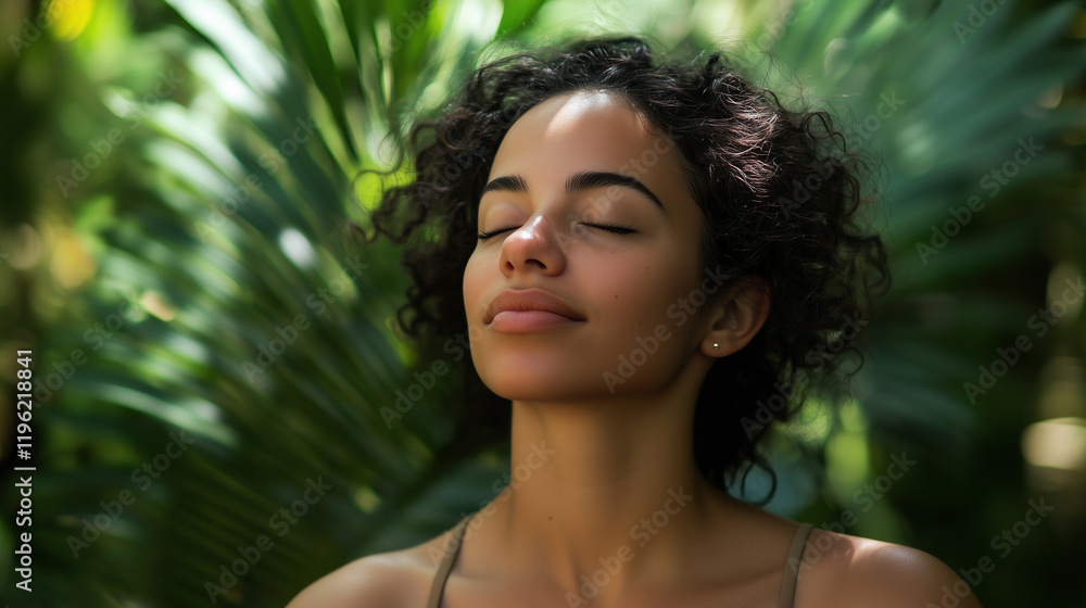 A woman meditating in a tranquil forest, surrounded by green, with eyes closed A woman meditating in a tranquil forest, surrounded by green, with eyes closed