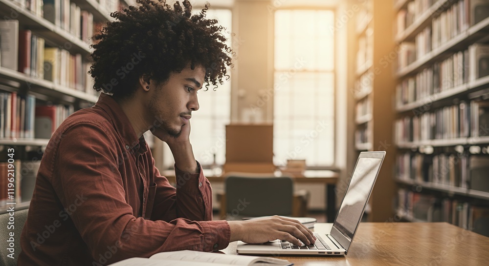 Focused Young Man Studying on Laptop in Library Bookshelves Background Serious Student Researching Education Focused Young Man Studying on Laptop in Library Bookshelves Background Serious Student Researching Education