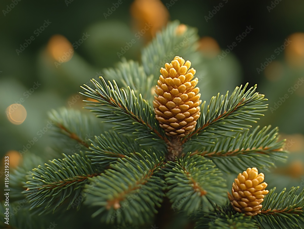 Close-up of a young, golden pine cone on a spruce branch. Close-up of a young, golden pine cone on a spruce branch.