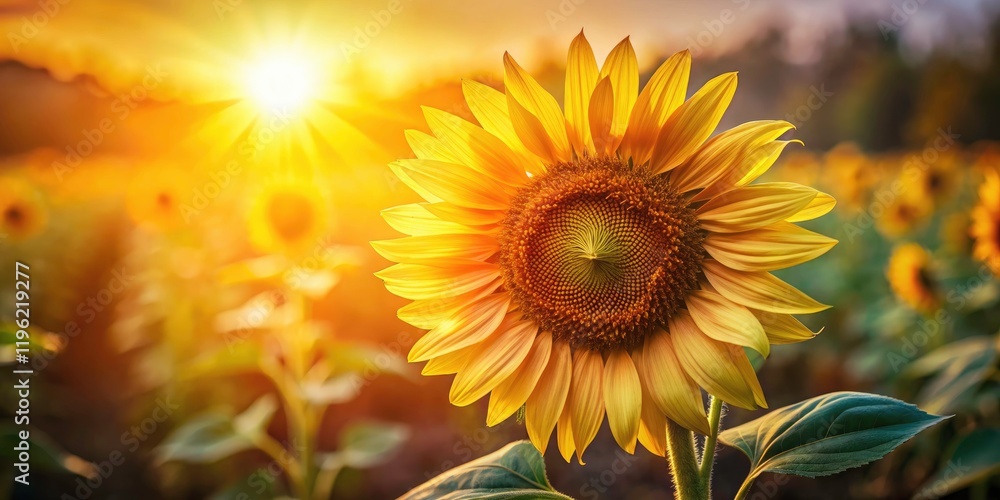 Fototapeta premium Low Light Sunflower Photography: Close-Up Blooming Sunflower in Warm Sunlight, Natural Background