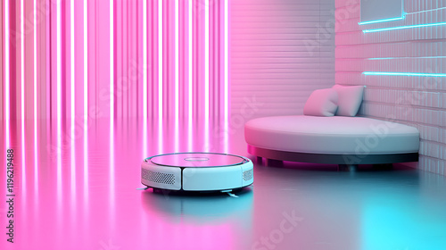 Futuristic robotic vacuum cleaner on a metallic floor with pink and blue neon lighting. photo