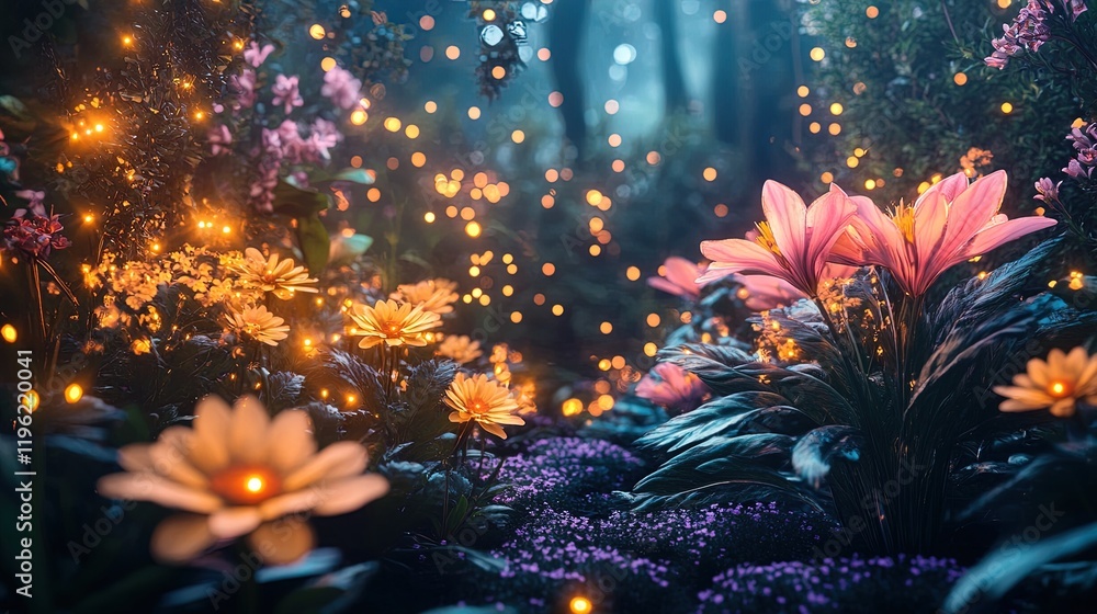 Abstract garden scene with glowing eco-friendly lights, colorful flowers, and lush greenery Abstract garden scene with glowing eco-friendly lights, colorful flowers, and lush greenery