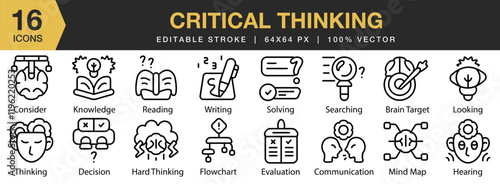 Critical Thinking icon set. Editable Stroke Icon Collection. Includes strategy, solution, innovation, creativity, idea, intelligence, and More. Outline icons vector collection.