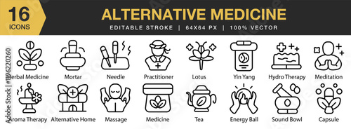 Alternative Medicine icon set. Editable Stroke Icon Collection. Includes health, medicine, alternative, treatment, therapy, and More. Outline icons vector collection.