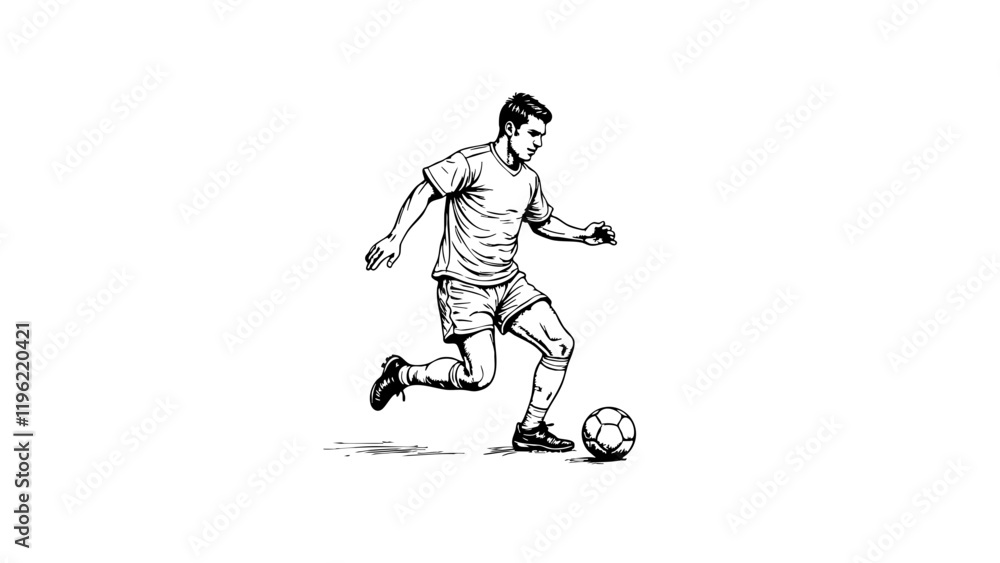Focused soccer player dribbling ball in black and white sketch, sport Focused soccer player dribbling ball in black and white sketch, sport