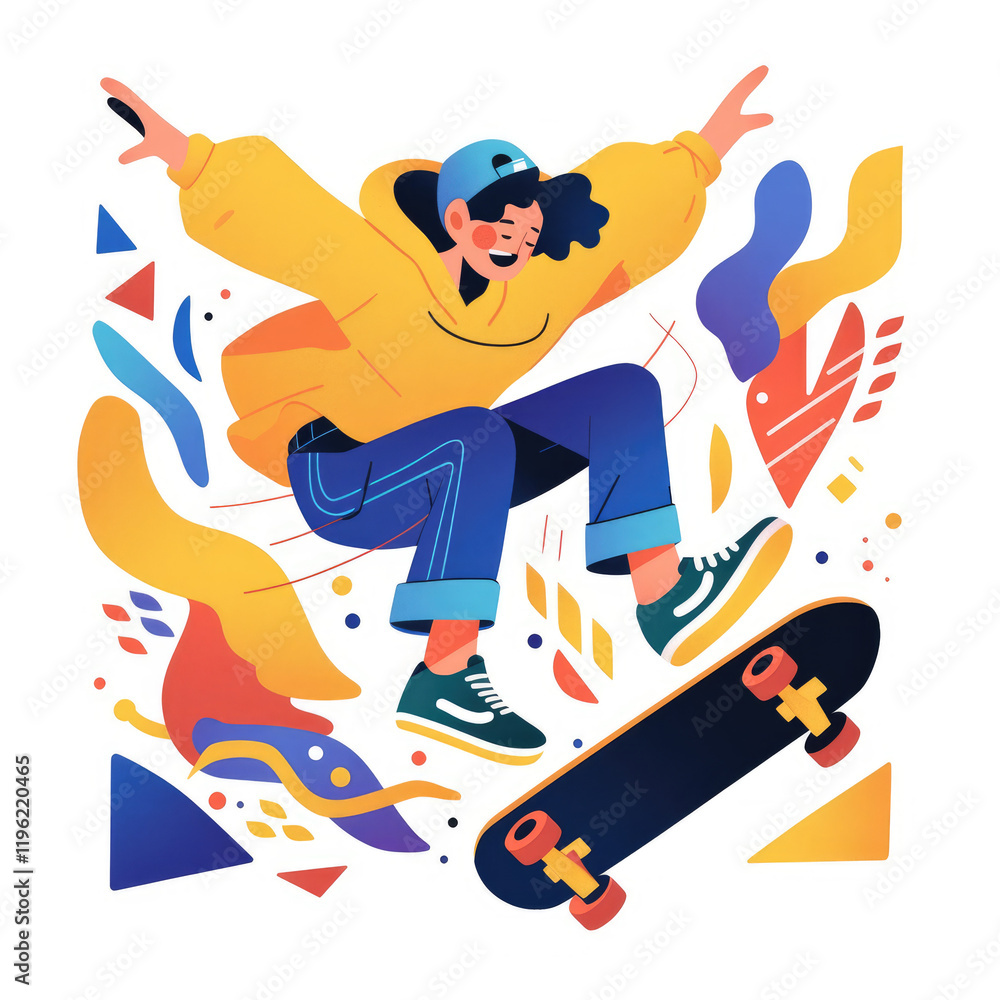 Obraz premium A Flat Illustration of a Man Skateboarding at the Park in a Moment of Fun