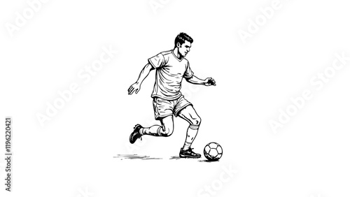 Focused soccer player dribbling ball in black and white sketch, sport