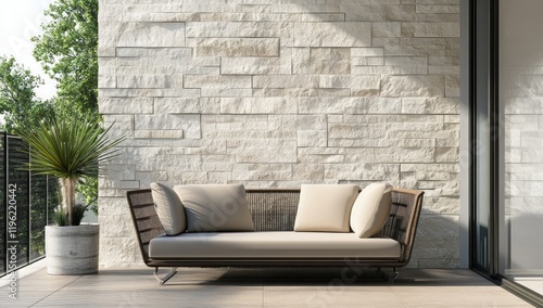 Modern Balcony Oasis: Relaxing Outdoor Furniture Against a Stone Wall