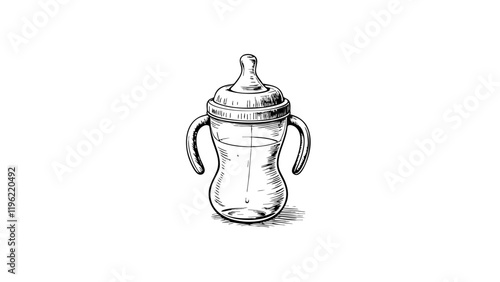Sippy cup for child development, minimalistic black and white sketch