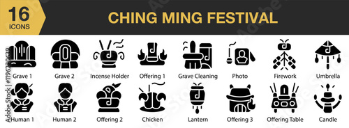 Ching Ming Festival solid icon set. Includes ancestors, ching ming festival, dead, food, tomb, and More. Solid icons vector collection.
