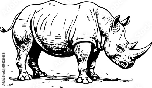 Detailed black and white rhino sketch on white background, wildlife art