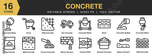 Concrete icon set. Editable Stroke Icon Collection. Includes  concrete, wall, floor, cement, architecture, stone, and More. Outline icons vector collection.