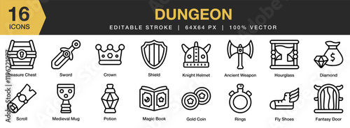 Dungeon icon set. Editable Stroke Icon Collection. Includes dungeon, game, fantasy, stone, adventure, and More. Outline icons vector collection.