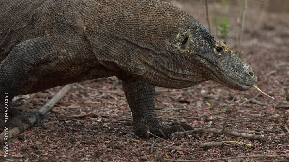 Monitor lizard walks on the sand between the trees. Time-lapse footage of a giant lizard walking along the sandy beach of Indonesia's Komodo National Park. Komodo dragon, Varanus komodoensis. Monitor lizard walks on the sand between the trees. Time-lapse footage of a giant lizard walking along the sandy beach of Indonesia's Komodo National Park. Komodo dragon, Varanus komodoensis.