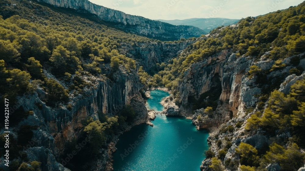 Obraz premium Scenic Aerial View of Turquoise River Flowing Through Green Valley
