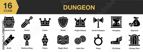 Dungeon solid icon set. Includes ancient, old, medieval, magic, castle, and More. Solid icons vector collection.