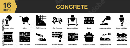 Concrete solid icon set. Includes stone, structure, industrial, building, material, and More. Solid icons vector collection.