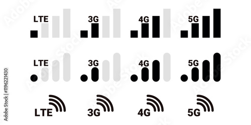 LTE, 3G, 4G, 5G icons symbolize mobile internet networks. Internet connection signal sign