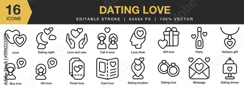 Dating Love icon set. Editable Stroke Icon Collection. Includes dating, romance, relationship, love, couple, and More. Outline icons vector collection.
